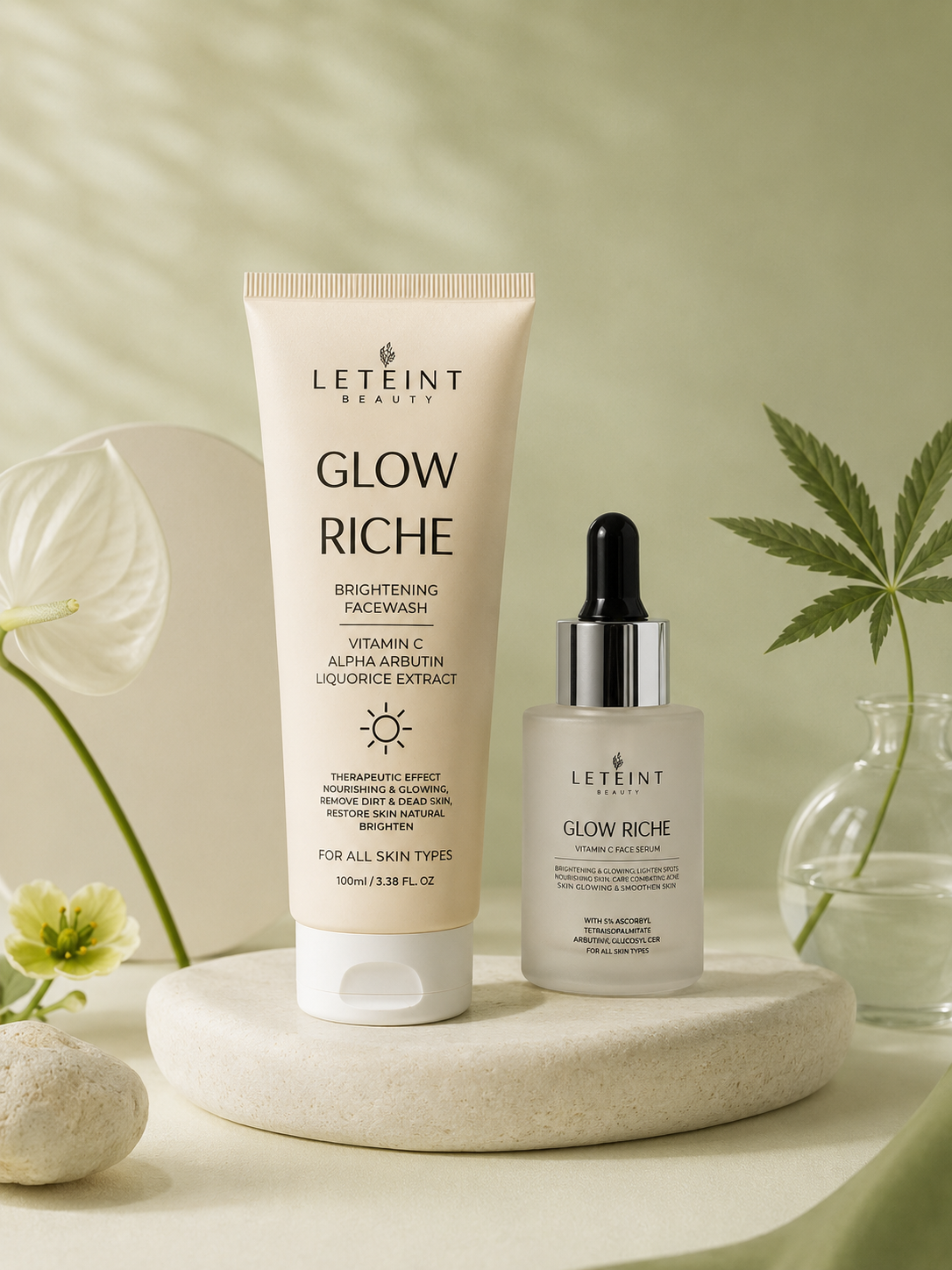 LETEINT beauty Glow Riche skincare products on a neutral background with plants.