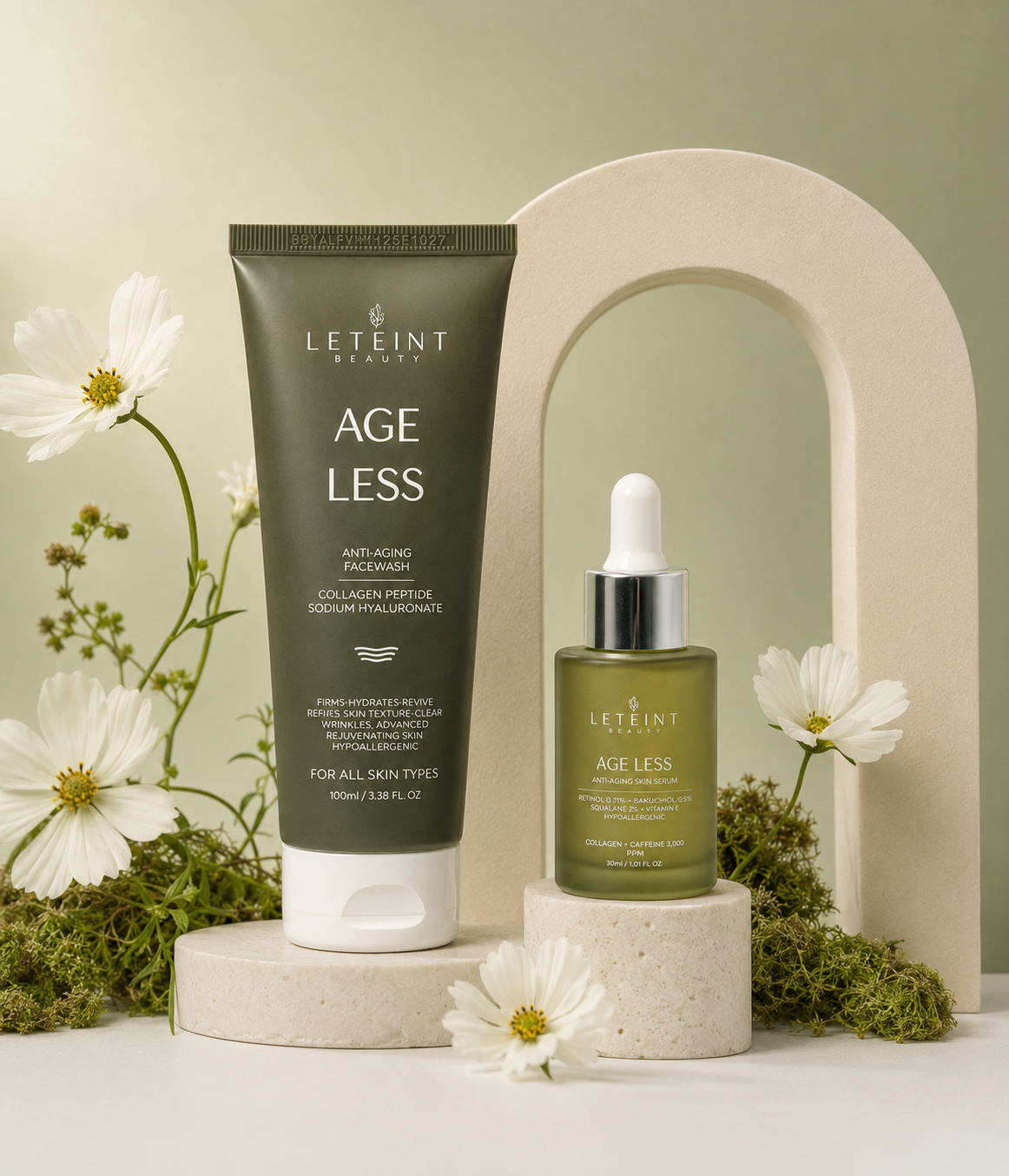 Leteint skincare products with 'Age Less' text on a neutral background with flowers.